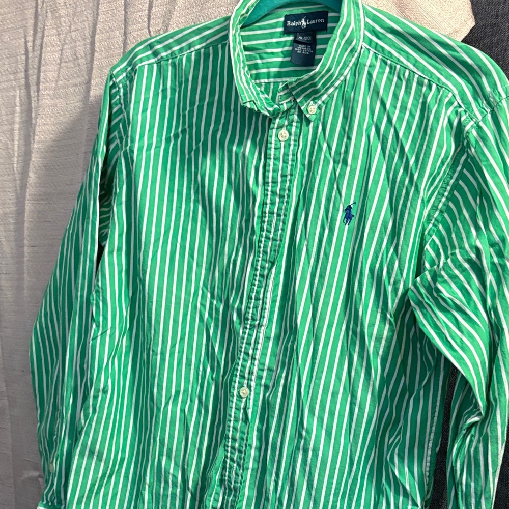 Ralph Lauren Men's Shirt in Green and White Stripes